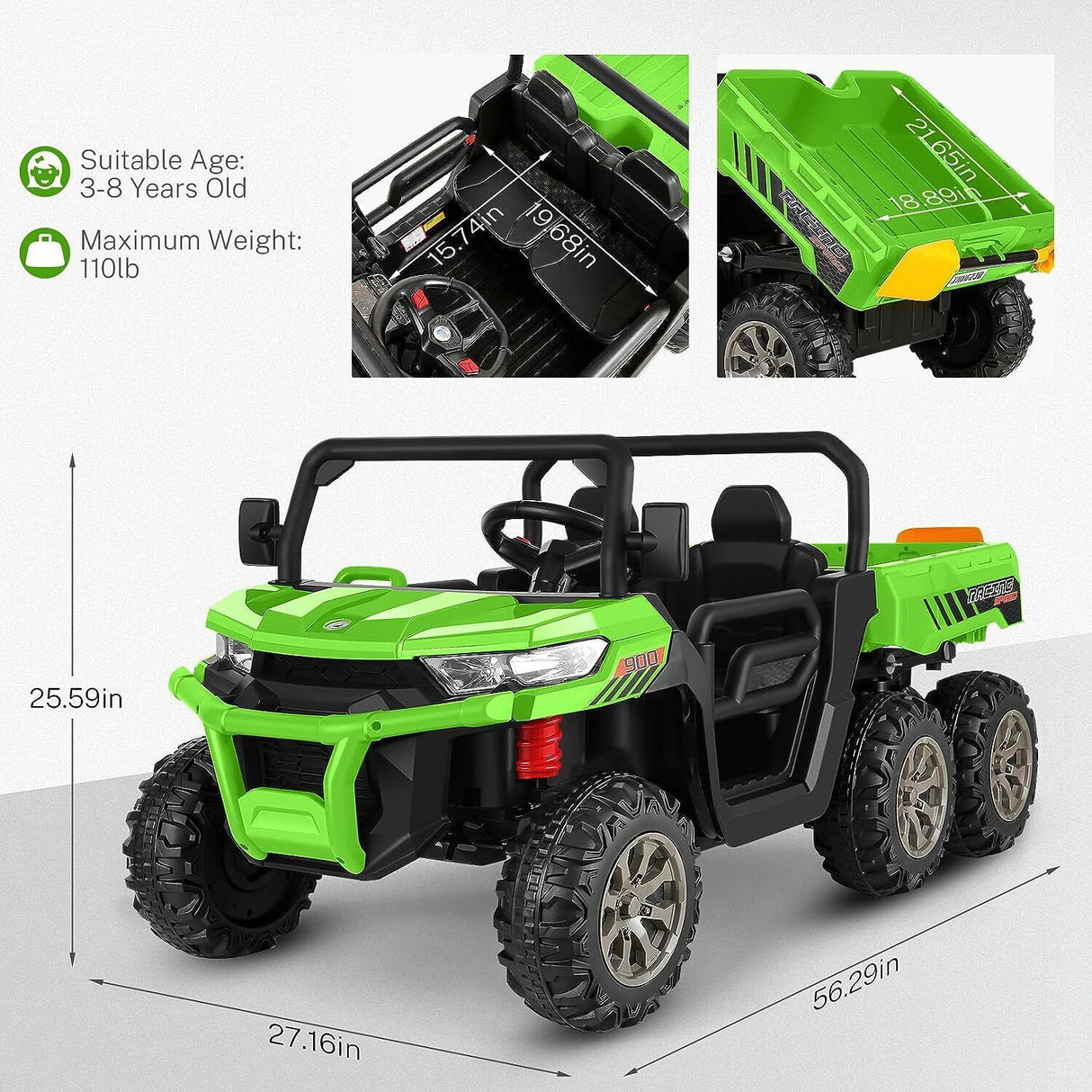 2 Seater 24V Dump Truck Ride On Car with Electric Dump Bed & Shovel - Remote Controlled