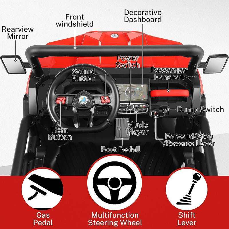 2 Seater 24V Dump Truck Ride On Car with Electric Dump Bed & Shovel - Remote Control Included
