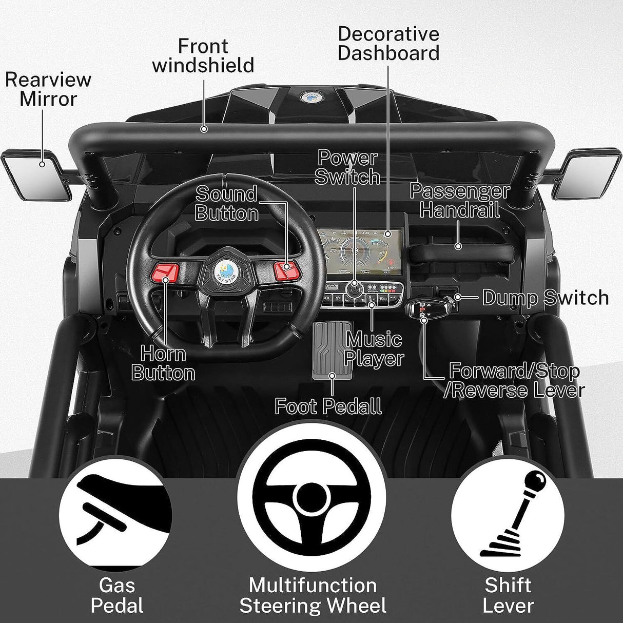 2 Seater 24V Dump Truck Ride On Car with Electric Dump Bed & Shovel - Remote Control Included