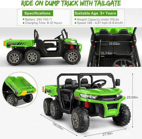 2-Seater Dump Truck Ride-On Toy with 24V Battery and 6 Wheels - Perfect Gift for Kids