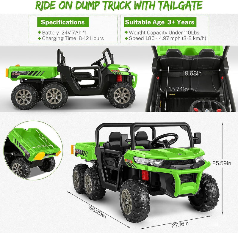2-Seater Electric Truck Tractor with Dump Bed and Remote Control - 24V