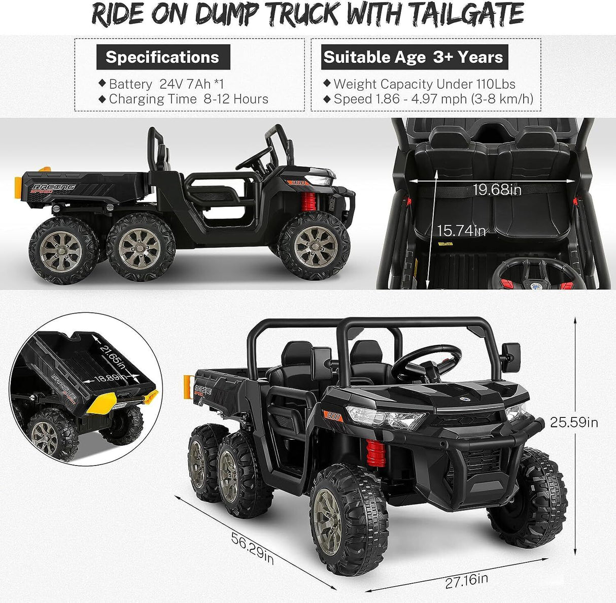 Electric 2 Seater Dump Truck Ride-On Car with Remote Control and Working Dump Bed and Shovel