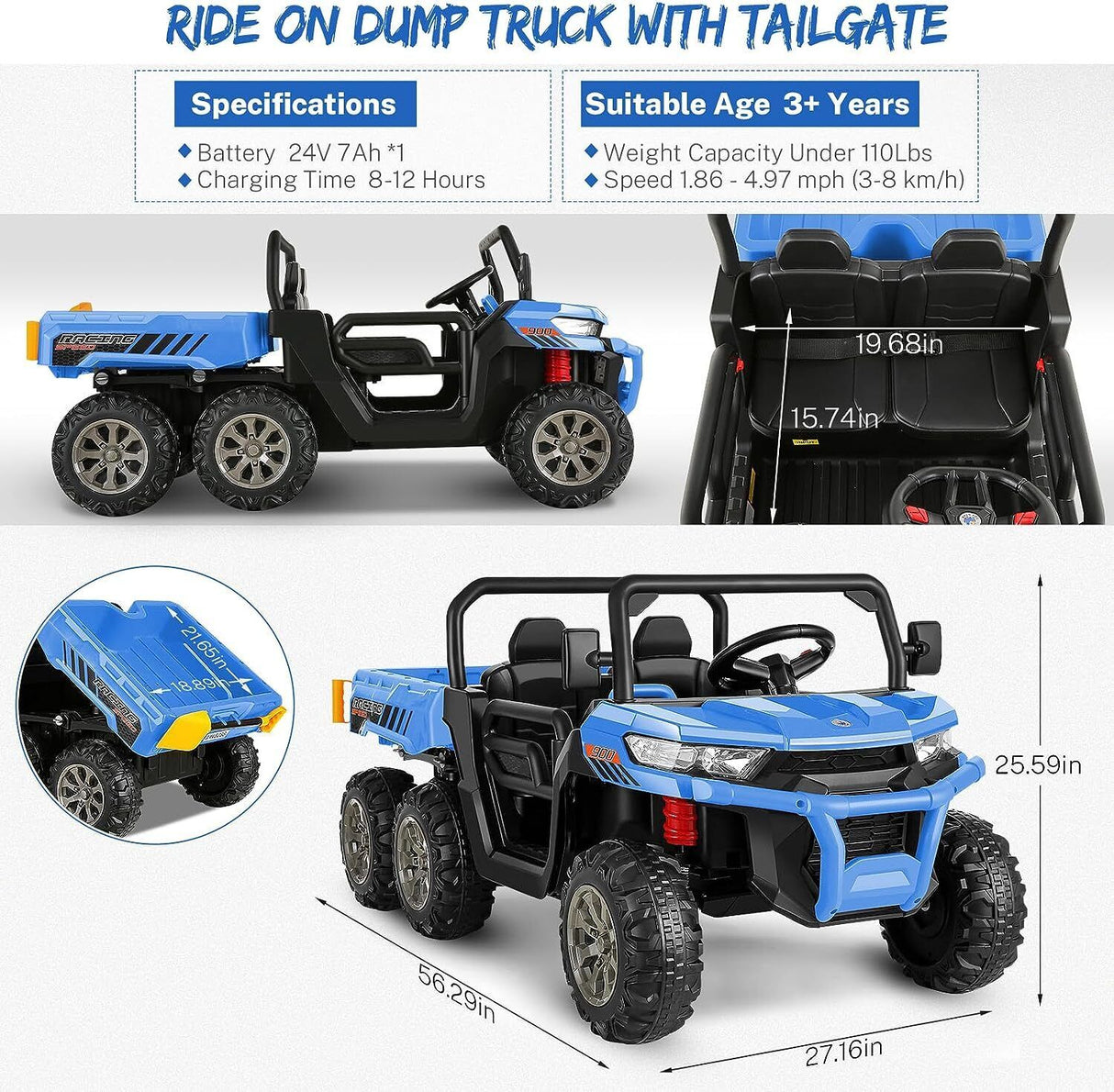 Electric 2 Seater Dump Truck Ride-On Car with Remote Control and Working Dump Bed and Shovel