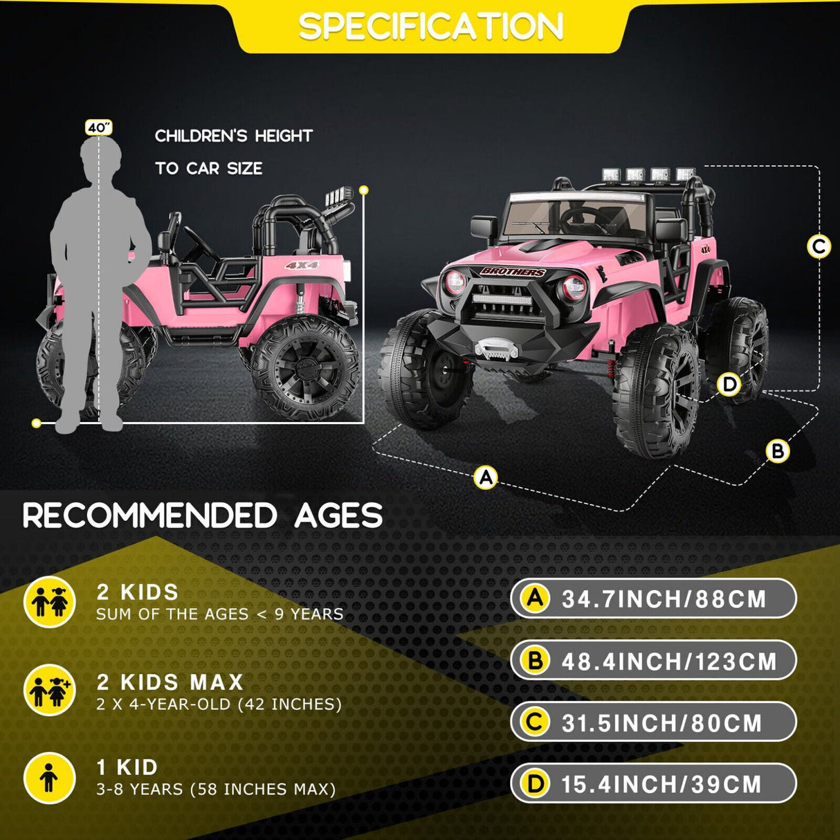 2-Seater Kids Ride on Car Truck with Remote Control, 3 Speeds, and LED Lights - 24V 2x200W