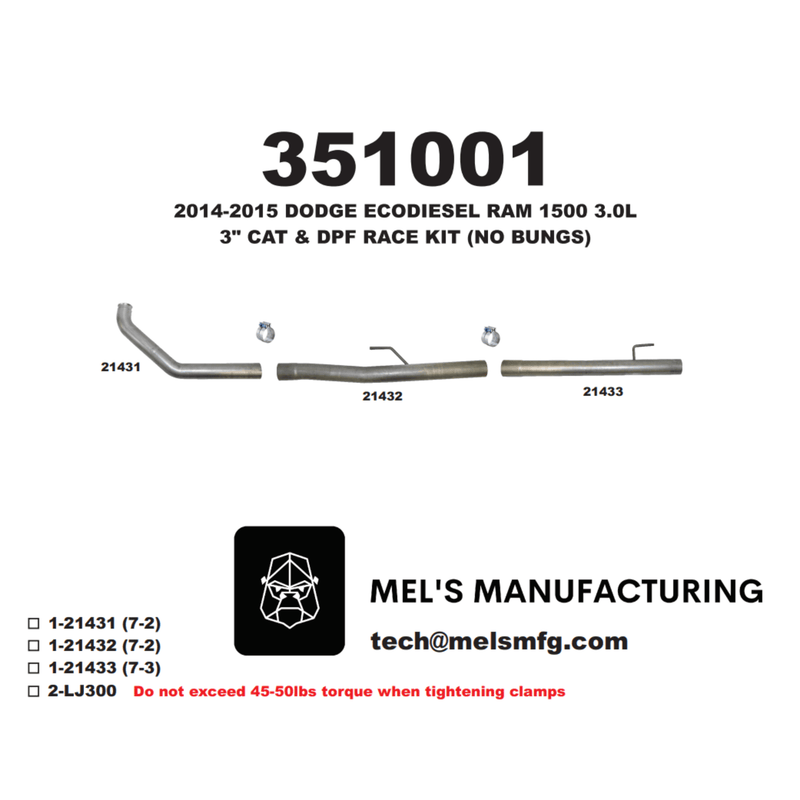 2014-2018 Ram EcoDiesel 3.0L 3" Cat & DPF Race Pipe (351001)