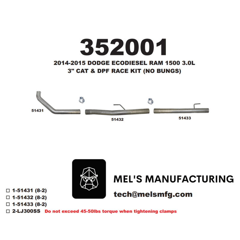 2014-2018 Ram EcoDiesel 3.0L 3" Cat & DPF Race Pipe (351001)