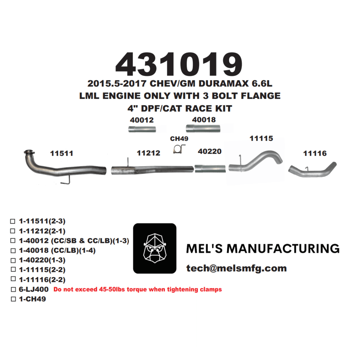 2015.5-2016 Duramax LML 4" Downpipe Back Exhaust No Muffler (431019)