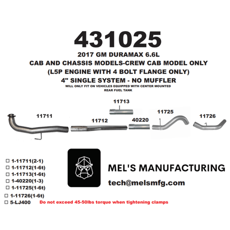 2017-2019 Duramax L5P Cab & Chassis Downpipe Back Exhaust No Muffler (431025)