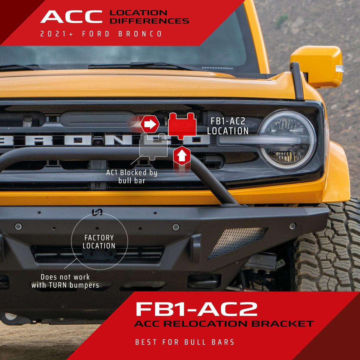 2021-2026 Ford Bronco ACC Relocation Bracket for Brush & Grill Guards Turn_Offroad