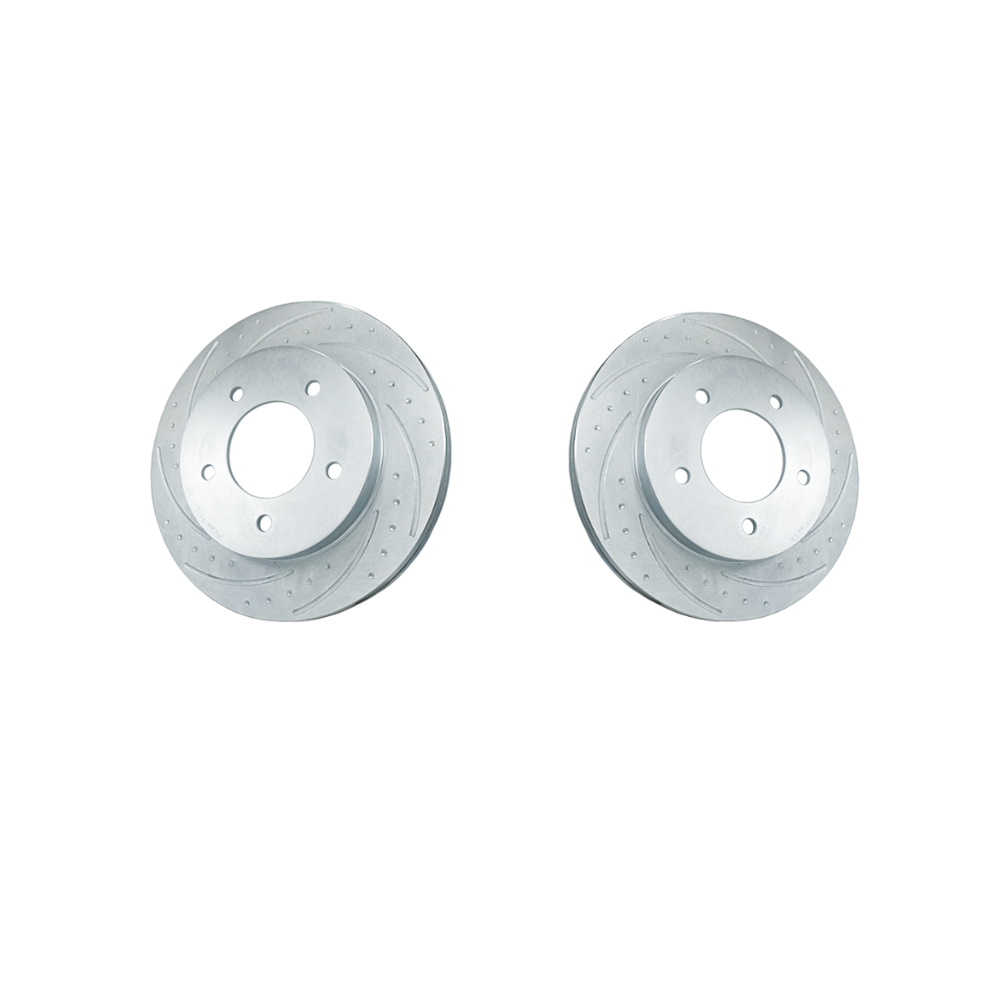 New Performance Rear Rotors (Pair) Dimple-Drilled, Slotted, Zinc Plated.
