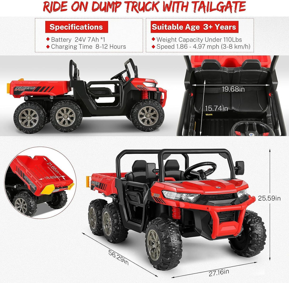 Hikole 24V 2-Seater Battery-Powered Kids Ride On Tractor with Dump Bed and RC Control