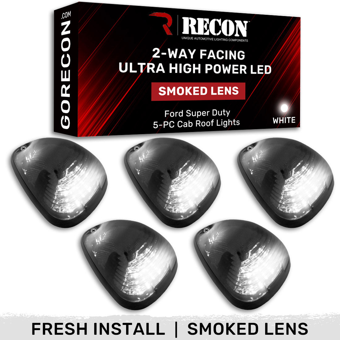 Ford Super Duty 99-16 5-Piece Smoked Cab Roof Light Kit 2-Way Front & Rear Facing Ultra High-Power White LEDs (ATTN: For Models That DID NOT Come With Factory Cab Lights) - Smoked Lens