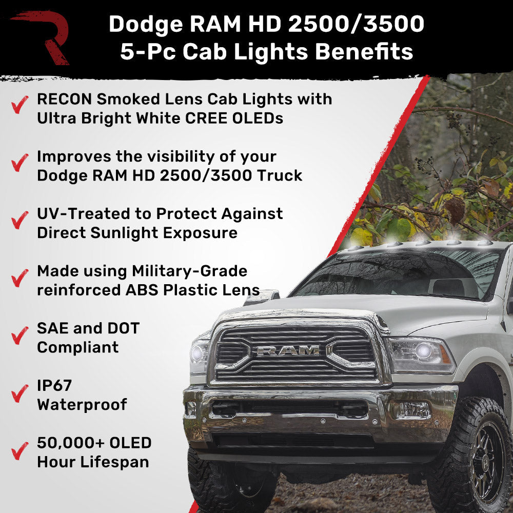 Dodge RAM HD 2500/3500 19-25 5 Piece Cab Roof Light Set 2-Way Front & Rear Facing Ultra High-Power LEDs Multiple Lens & Colors