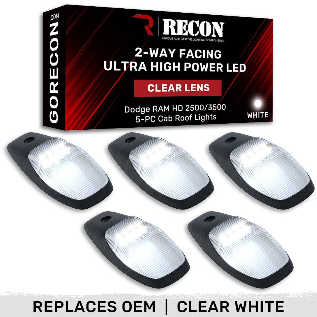 Dodge RAM HD 2500/3500 19-25 5 Piece Cab Roof Light Set 2-Way Front & Rear Facing Ultra High-Power LEDs Multiple Lens & Colors
