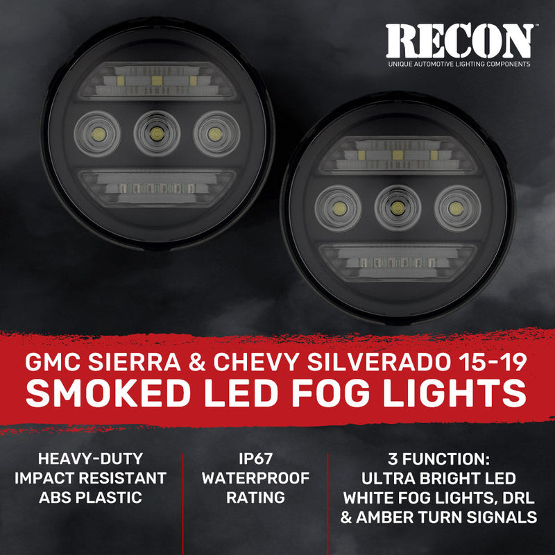 GMC Sierra & Chevy Silverado 15-19 White LED 2-Pc Fog Lights 3 Functions (Fog Lights, DRL, Amber Turn Signals) - Smoked Lens