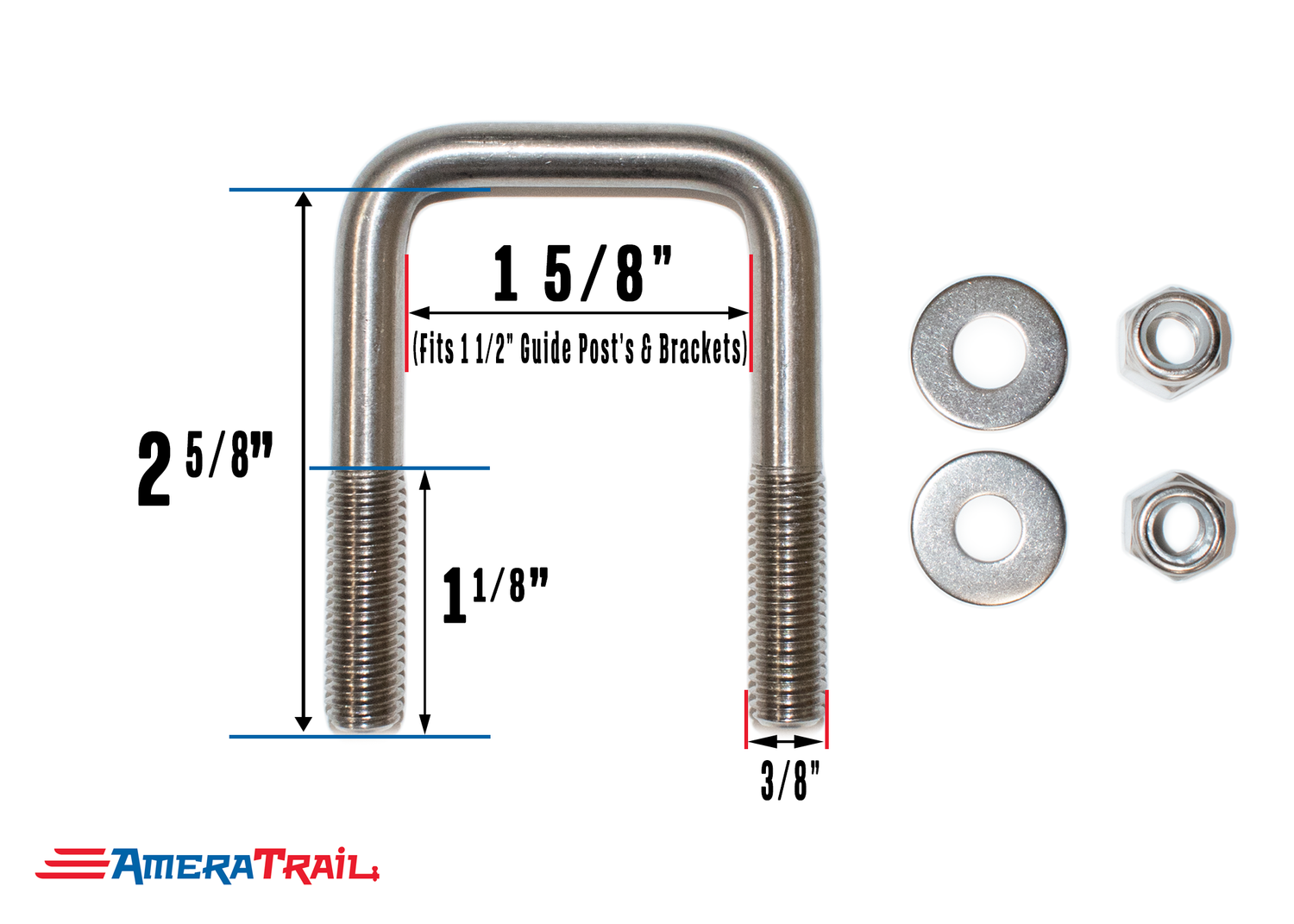 Stainless Steel U Bolt 2 1/8" x 1 5/8" x 3/8" w/ 2 Washers and Lock Nuts- Pre-Anti Seized