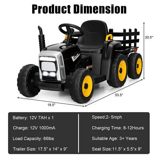 3-Gear-Shift Ride-On Tractor for Kids 3+ Years Old - Black