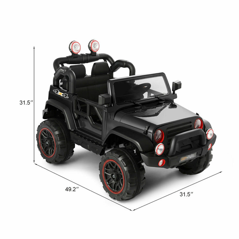 3-Speed Black Ride-On Car for Kids with RC, MP3, LED Lights, USB, and Cover - 12V Battery Powered