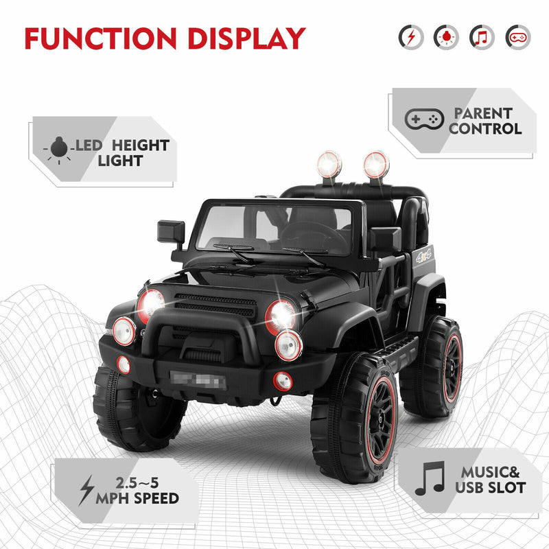 3-Speed Black Ride-On Car for Kids with RC, MP3, LED Lights, USB, and Cover - 12V Battery Powered