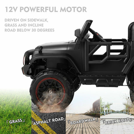 3-Speed Black Ride-On Car for Kids with RC, MP3, LED Lights, USB, and Cover - 12V Battery Powered