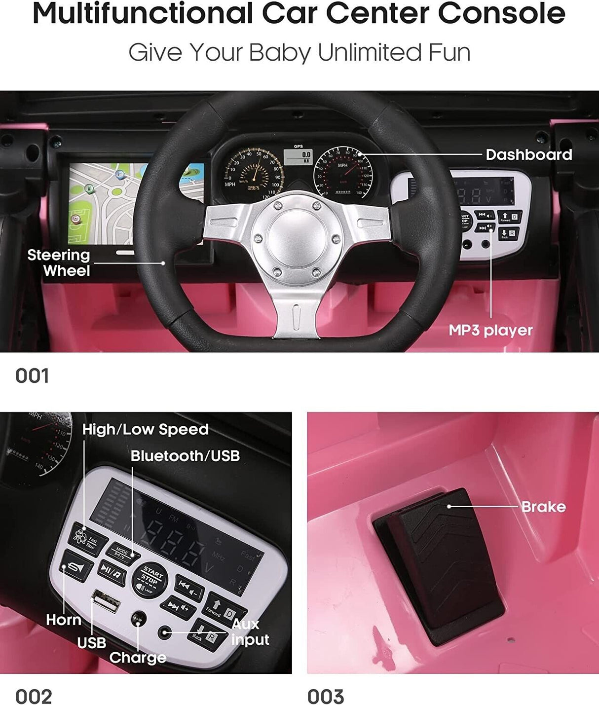 3-Speed Electric Kids Ride On Car with Remote Control, AUX, and LED Lights