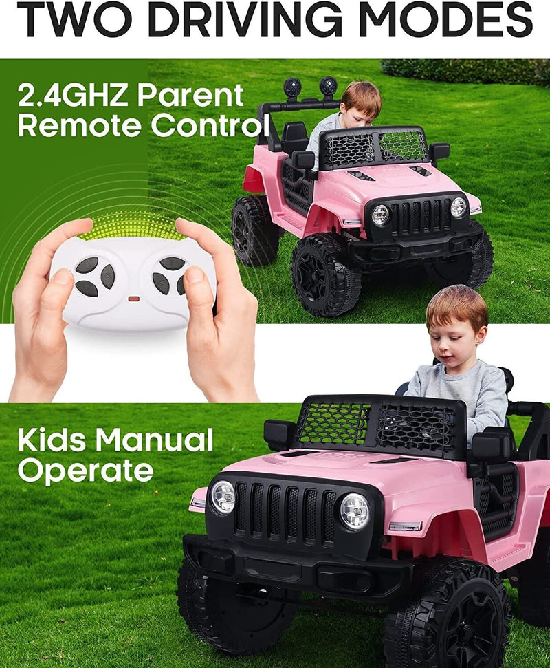 Premium 12V Kids Ride-On Car with Remote Control and LED Lights - Pink Jeep Truck with USB Port