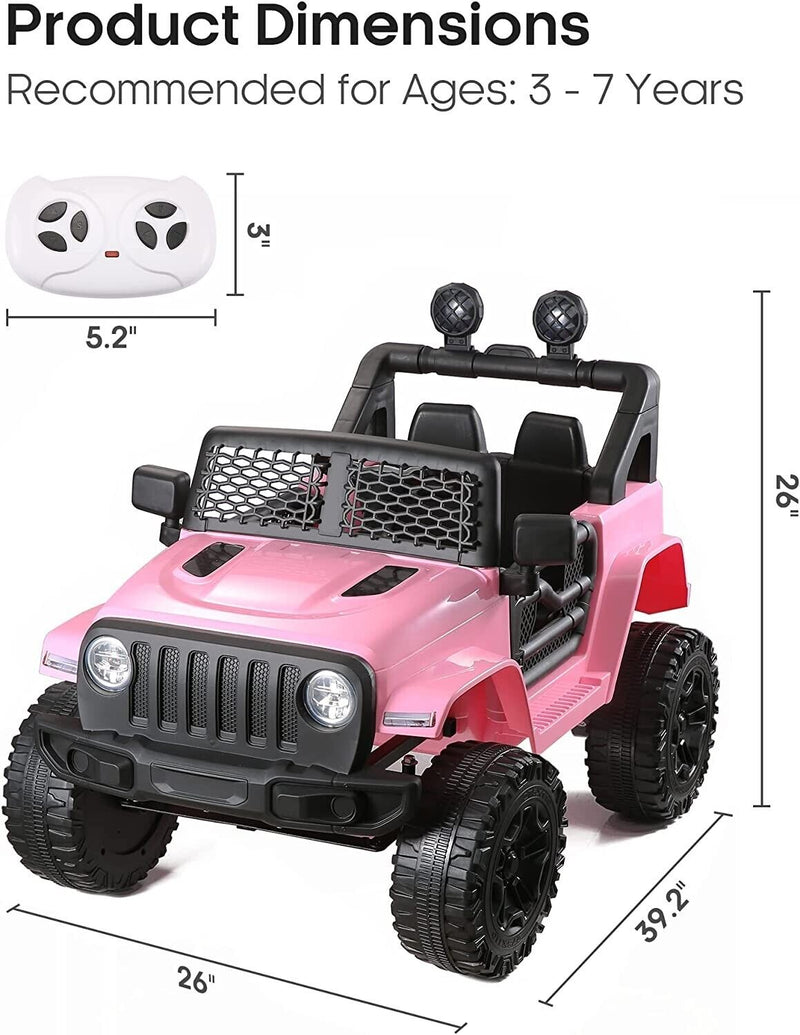 Premium 12V Kids Ride-On Car with Remote Control and LED Lights - Pink Jeep Truck with USB Port