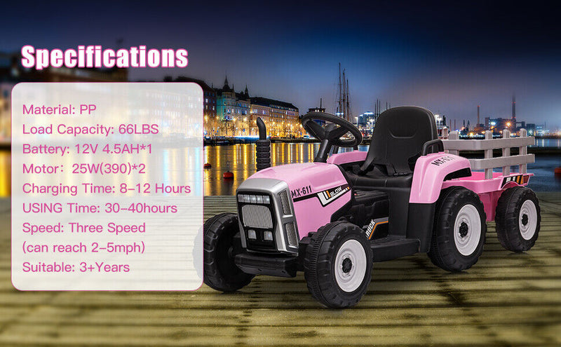 3-Speed Electric Ride On Tractor Toy with Trailer for Kids - Remote Controlled