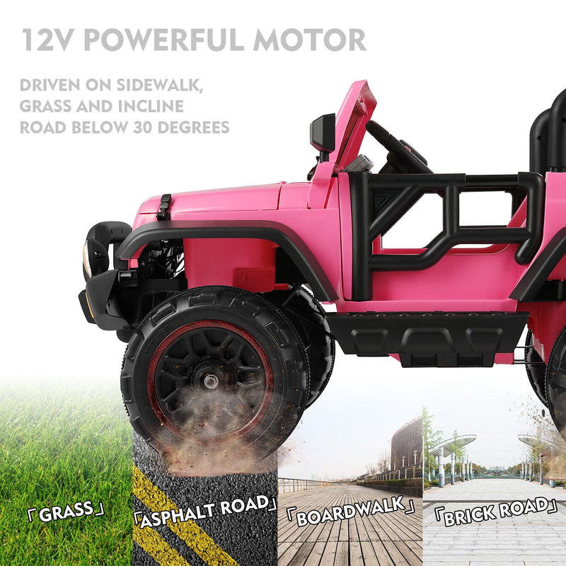 3-Speed Pink Ride On Car Truck for Kids with RC, MP3, LED Lights, USB, and Cover - 12V Battery Powered