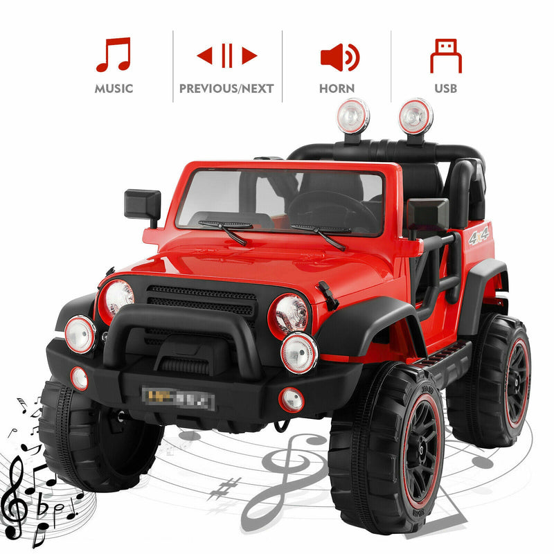 3-Speed Red Ride On Car Truck for Kids with RC, MP3, LED Lights, USB, and Cover - 12V