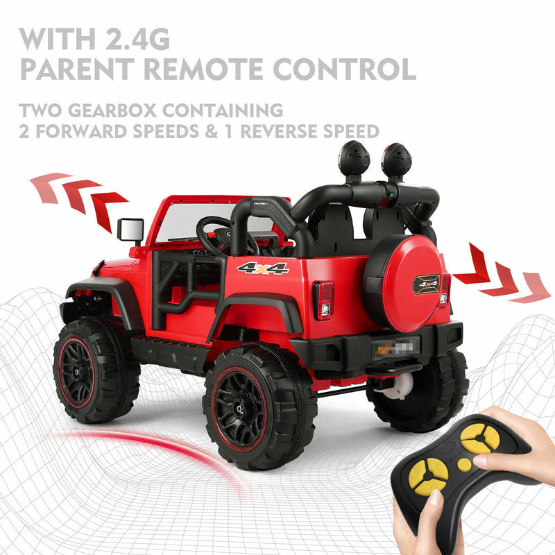 3-Speed Red Ride On Car Truck for Kids with RC, MP3, LED Lights, USB, and Cover - 12V