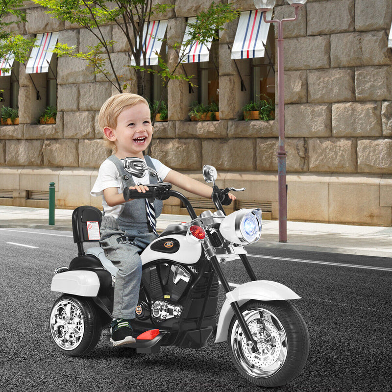 3-Wheel Chopper Motorcycle for Kids with Light & Horn - White