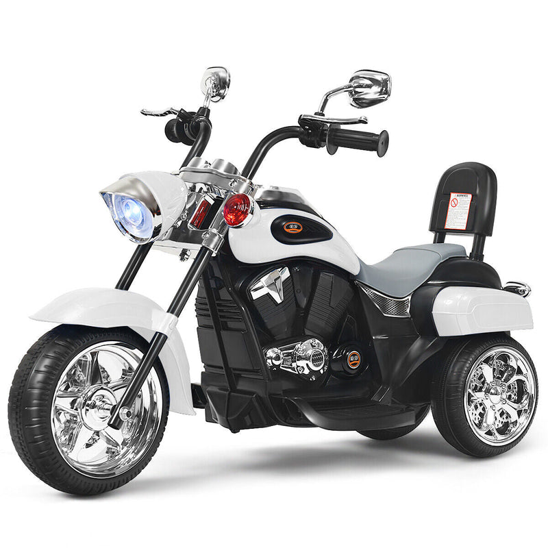 3-Wheel Chopper Motorcycle for Kids with Light & Horn - White