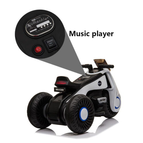 3-Wheel Double Drive Electric Motorcycle for Kids in White, Black, or Pink