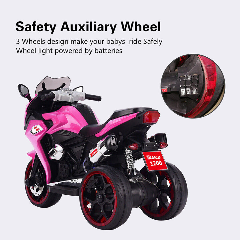 3-Wheel Kids Ride-On Motorcycle with LED Lights, Music, and Pink Screen