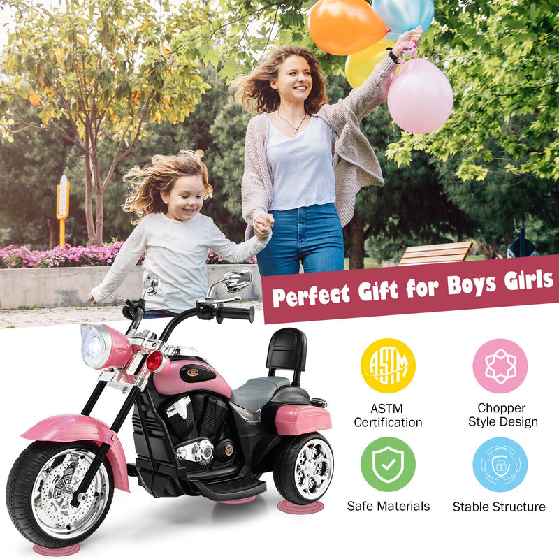 3-Wheel Pink Chopper Motorcycle for Kids with Headlight and Horn