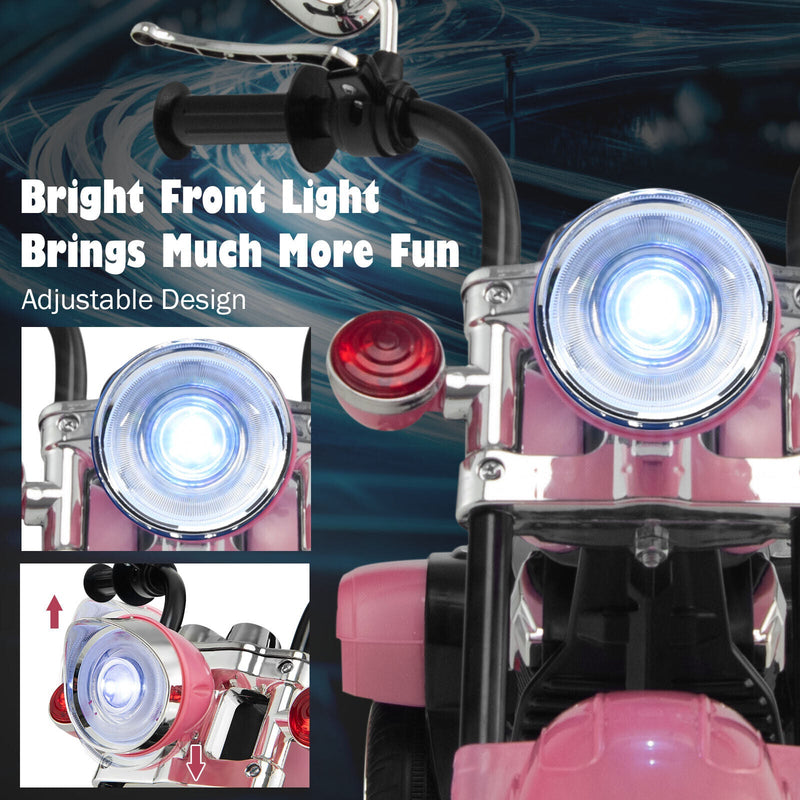 3-Wheel Pink Chopper Motorcycle for Kids with Headlight and Horn