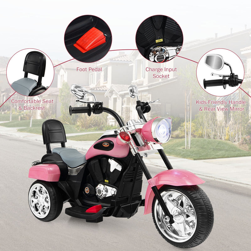 3-Wheel Pink Chopper Motorcycle for Kids with Headlight and Horn