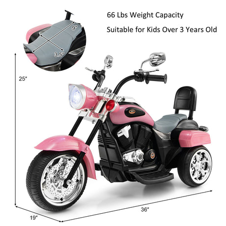 3-Wheel Pink Chopper Motorcycle for Kids with Lights and Horn