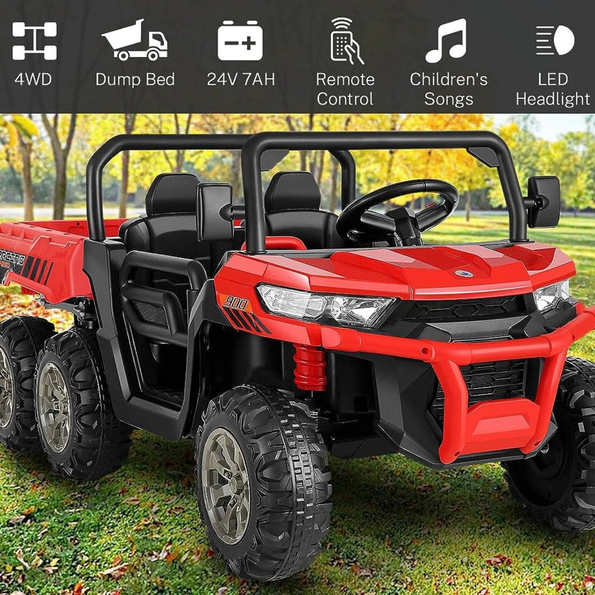 300W 24V 4WD 6 Wheels Ride On Car with Electric Dump Bed and LED&MP3 - 2 Seater Truck for Endless Fun!