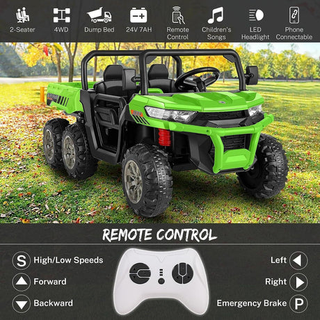 300W 24V 4WD 6 Wheels Ride On Car with Electric Dump Bed and LED&MP3 - 2 Seater Truck for Endless Fun!