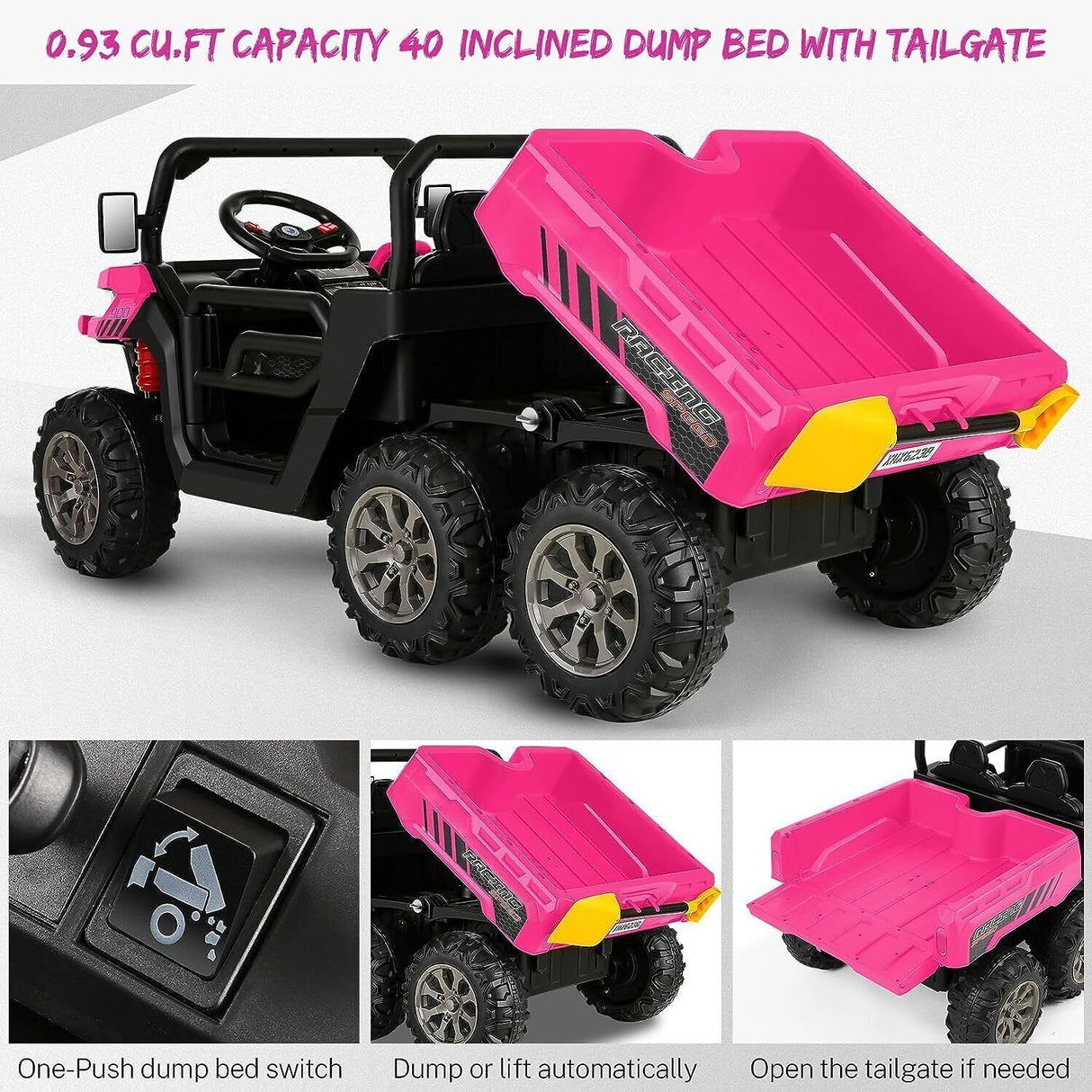 300W 24V 4WD 6 Wheels Ride On Car with Electric Dump Bed and LED&MP3 - 2 Seater Truck for Endless Fun!