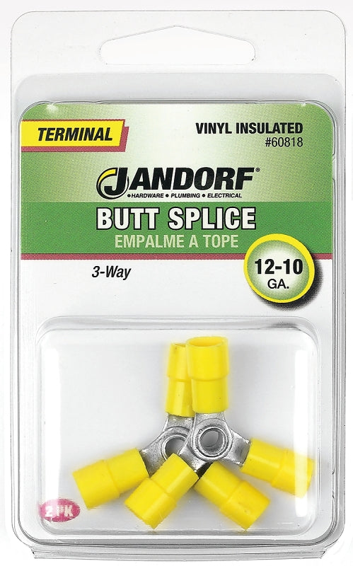 Butt Splice Connector, 12 to 10 AWG Wire, Vinyl Insulation, Copper Contact, Yellow, Tin, 2/PK #60818 Jandorf