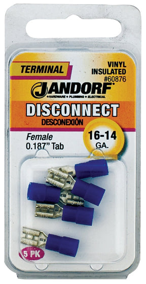 Disconnect Terminal, 16 to 14 AWG Wire, Vinyl Insulation, Copper Contact, Tin, (5PK) #60876 Jandorf