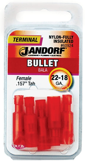 Jandorf  Bullet Terminal, 600 V, 22 to 18 AWG Wire, Nylon Insulation, Copper Contact, Red, Tin, 5/PK #60924 Jandorf