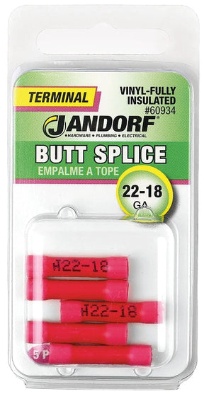 Butt Splice Connector, 22 to 18 AWG Wire, Vinyl Insulation, Copper Contact, Red, 5/PK #60934 Jandorf