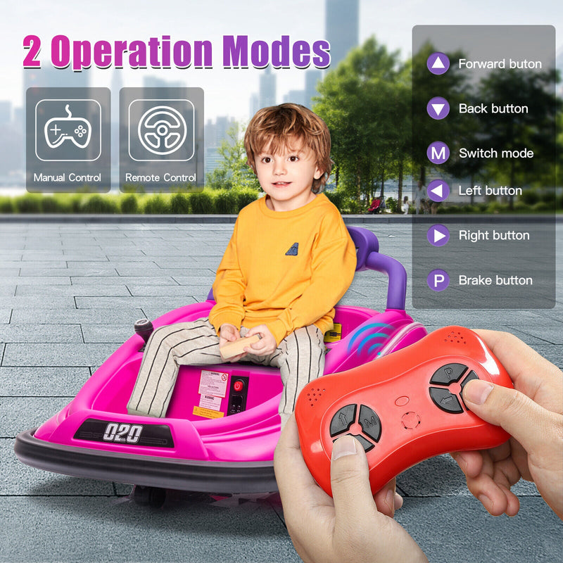 360° Rotating Kids Bumper Car with Remote Control and LED Lights - 12V Twin Motor Ride On Toy