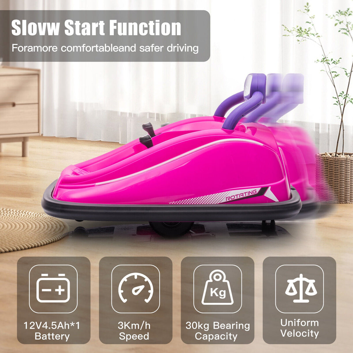 360° Rotating Kids Bumper Car with Twin Motors and Parental Remote Control - 12V