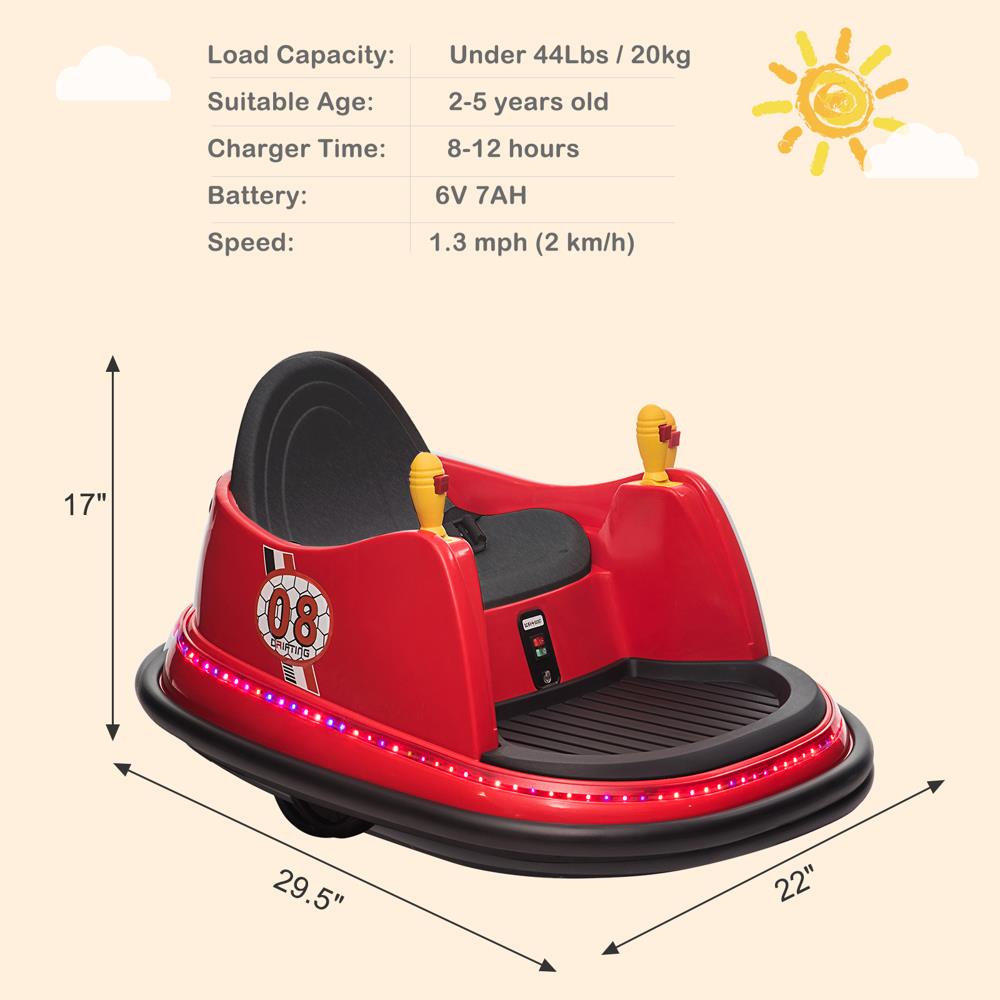 360 Spin Electric Bumper Car for Kids with LED Lights - 6V Battery Powered
