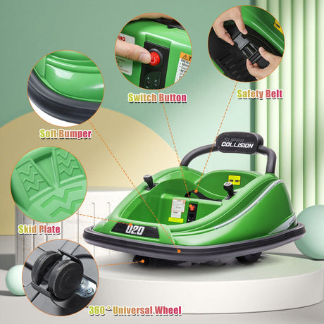360° Rotating Green Electric Bumper Car for Kids with Remote Control